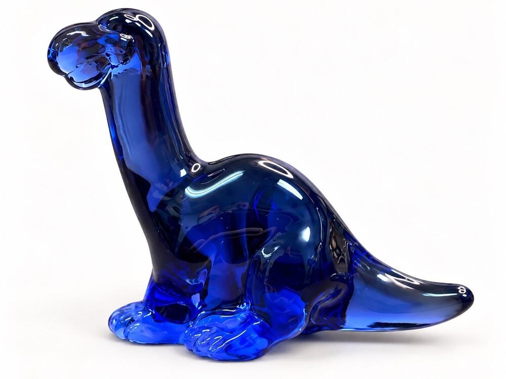 Fenton Art Glass Cobalt Blue Dinosaur Figurine 3.5” USA Brontosaurus Dino